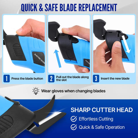 Powerful Heavy Duty Cordless Electric Scissors For Cardboard And Box Cutting With Safety Lock Rechargeable Cutter Kit Includes Two Extra Blades Protective Case Charging Cable And Manual blade replacement steps