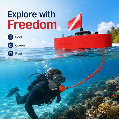 Diver using a Tankless Scuba Diving System For Easy Underwater Breathing Portable Rechargeable Lung Tank No Fuss Lightweight Dive Gear