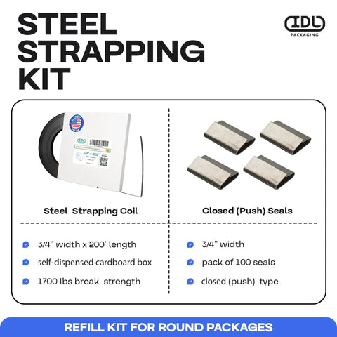 Heavy Duty Refill Pack For Round 3/4 Inch Steel Strapping Kit With 200 Feet Coil And 1700 Lbs Break Strength, Includes 100 Seals