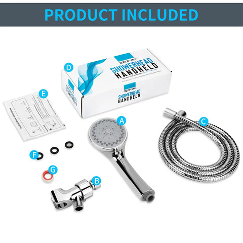 High Pressure Handheld Shower Head With 5 Settings, stainless steel hose, adjustable bracket, Teflon tape, rubber washers, included box.