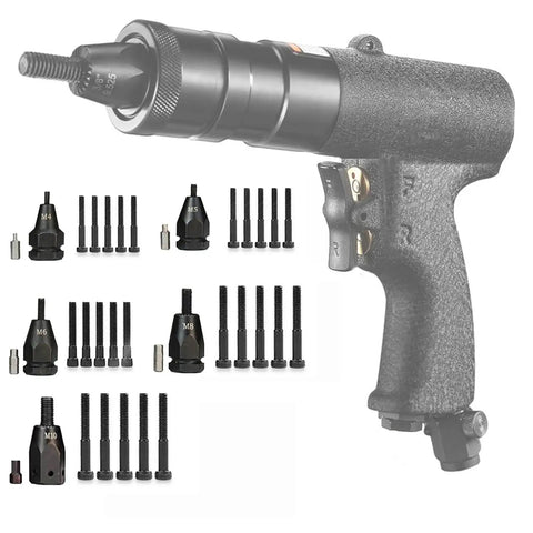 Straight Fire Top Tier Self Locking Rivet Nut Gun Replacement Mandrel Heads M4 M5 M6 M8 M10 Fits Cordless Pneumatic Drivers displayed with threaded heads.
