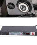 Keep Your Live Rig Bulletproof With This 10 Outlet Power Sequencer Surge Protector Featuring Digital Voltage Display And Hella Surge Defense For Smooth Amp Speaker Startup Shutdown On Stage Or In Studio US Plug, showing 10 outlet sequencer and digital voltmeter.