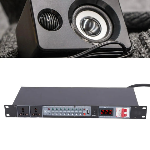 Keep Your Live Rig Bulletproof With This 10 Outlet Power Sequencer Surge Protector Featuring Digital Voltage Display And Hella Surge Defense For Smooth Amp Speaker Startup Shutdown On Stage Or In Studio US Plug, showing 10 outlet sequencer and digital voltmeter.