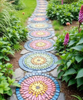 Garden walkway with colorful mosaic stepping stones made with Six Piece Round Stepping Stone Molds For Concrete, Reusable Plastic Molds in 10, 11 and 12.5 Inch Sizes.