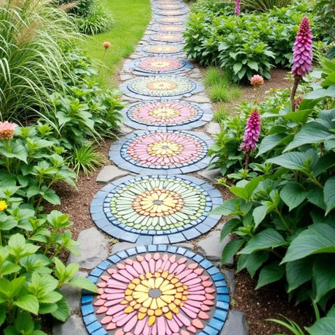 Garden walkway with colorful mosaic stepping stones made with Six Piece Round Stepping Stone Molds For Concrete, Reusable Plastic Molds in 10, 11 and 12.5 Inch Sizes.