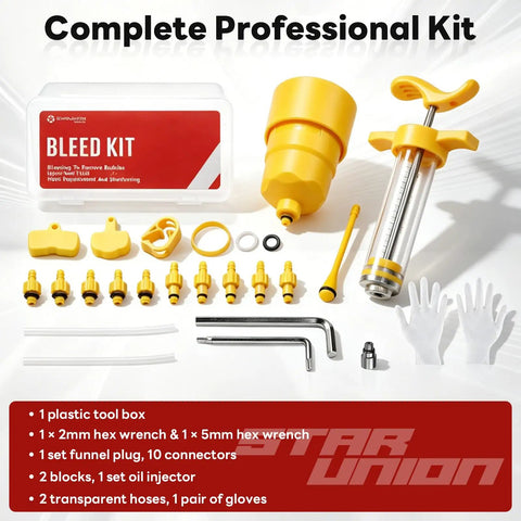 All In One Hydraulic Brake Bleed Kit For Mountain Bikes And E Bikes That Fits 2 Piston And 4 Piston Disc Brakes Compatible With Super 73 And Lectric Series Leak Free Maintenance Tool For DIY Bike Enthusiasts, showing components and toolbox