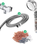 EcoPower High Pressure Handheld Shower Head With On Off Switch And 3 Spray Settings, hose, wall adapter, and mineral beads