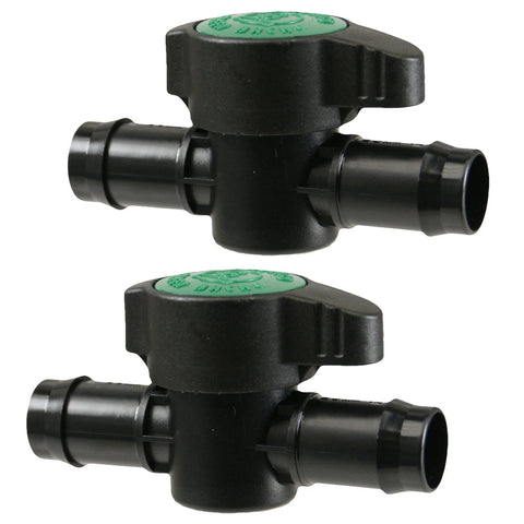 Habitech 2-pack inline barbed ball valves for 3/4 inch tubing; black plastic with green tops and barbed hose fittings