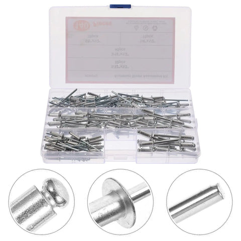 Aluminum Pop Rivets Kit 140Pcs Assortment With Flanged Dome Head Blind Rivets in clear plastic case with detailed close-ups