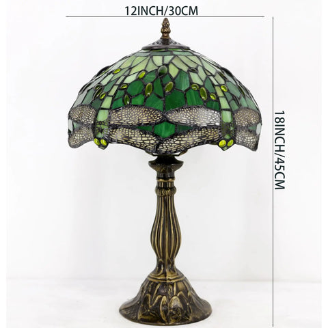 Green Tiffany Style Stained Glass Dragonfly Bedside Table Lamp For Reading And Cozy Vibes Decor, 12x12x18 Inches Desk Light
