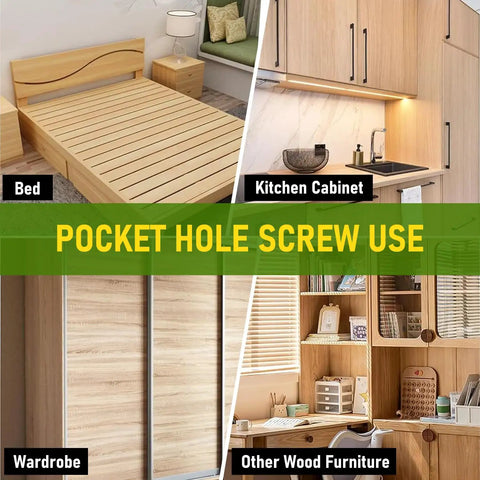 Uses of Heavy Duty Outdoor Pocket Hole Screws Set 300Pcs for bed, kitchen cabinet, wardrobe, and other wood furniture.