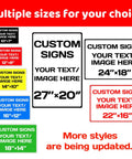 Custom Aluminum Weatherproof Metal Sign With Optional Reflective Surface For Yard Or Road Safety Built Damn Tough With Premium Fade Proof Ink and Top Shelf Graphics displayed in various sizes.