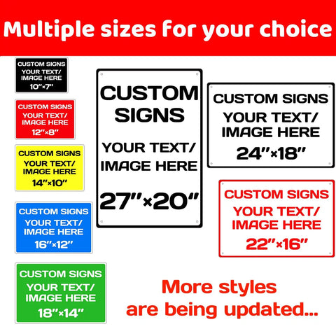Custom Aluminum Weatherproof Metal Sign With Optional Reflective Surface For Yard Or Road Safety Built Damn Tough With Premium Fade Proof Ink and Top Shelf Graphics displayed in various sizes.