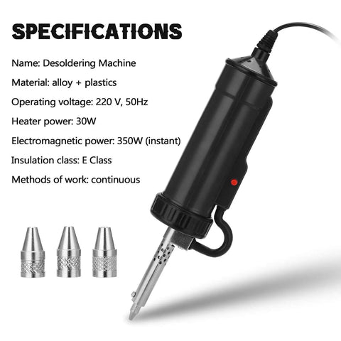 Automatic Desoldering Pump Vacuum Solder Sucker Portable Electric Desoldering Tool 110V 30W with suction tips and specifications