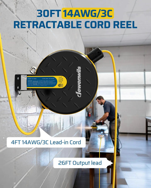 Retractable Extension Cord Reel With Ceiling And Wall Mount 30 Feet Of 14 Gauge Power Cord Auto Retracting System Locking Stopper Tangle Free Design DIY Friendly Cable Management For Workshop Garage And Home Projects mounted on wall, 30ft 14AWG/3C, with 4ft lead-in