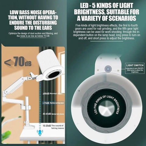 Pro Level Manicure Nail Vacuum Cleaner With Dimmable LED Lamp And Washable Reusable Filter For Zero Mess Dust Extraction and Glitter Cleanup showing low noise operation details and adjustable brightness settings.