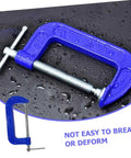 Built Tough 4 Inch Woodworking G Clamp With Quick Release C Clamp shown on wet surface, blue metal with silver screw