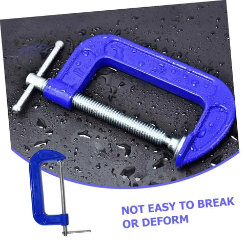 Built Tough 4 Inch Woodworking G Clamp With Quick Release C Clamp shown on wet surface, blue metal with silver screw