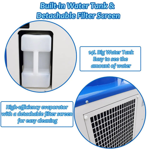 Built-in 14L water tank and detachable filter screen of Heavy Duty Industrial Portable Air Conditioner 18700 BTU.