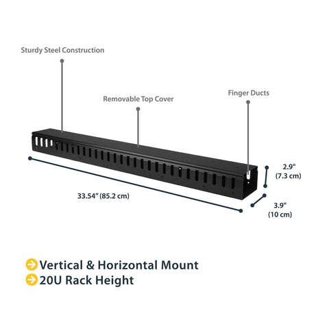 Diagram of Vertical Cable Management Duct With Cover 0U 3ft Open Slot Finger Duct Wire Raceway For 19 Inch Server Rack with measurements.