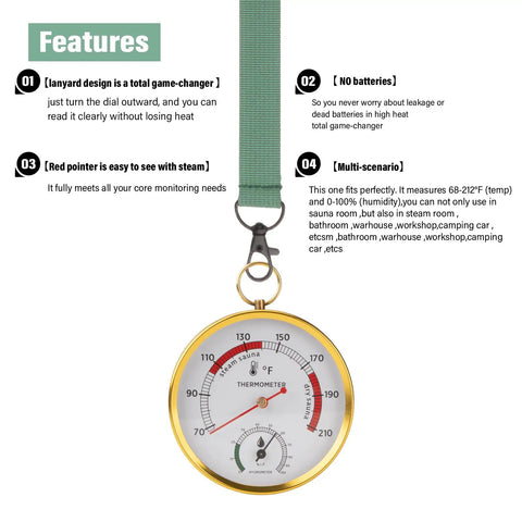 Sauna Thermometer And Hygrometer Fahrenheit With Lanyard Mount For Easy Readouts Portable Temperature And Humidity Monitor For Steam Sauna Tents Infrared Indoor Outdoor Home Spa Accessories, round dial