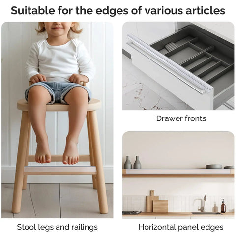 Heavy Duty Cabinet Door Protectors For Kitchen Cabinets 3/4 Inch Thick clear trim shown on furniture edges, drawers, and horizontal panels.