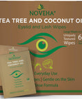 Front view of NOVEHA Tea Tree & Coconut Oil Eyelid and Lash Wipes box, 60 individually packed wipes.
