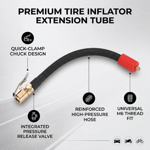 Flexible Silicone Tire Inflator Extension Hose With Quick Clip Chuck Reaches Tight Valve Stems On Cars And Trucks Effortlessly Handles During Roadside Emergencies Or Garage Jobs Avoids Awkward Bending Inside Cramped Wheel Wells 16 Inch Connector, black braided hose