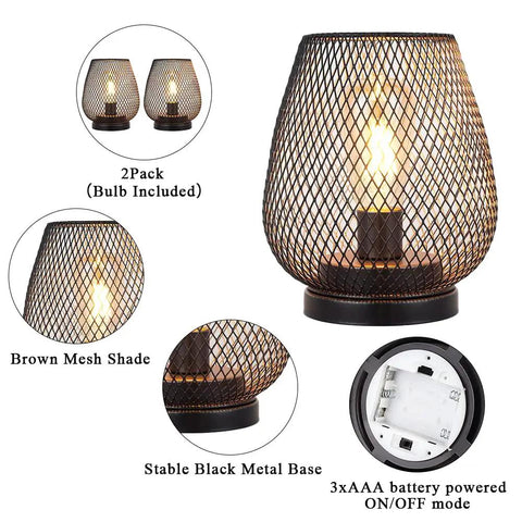 Close-up of Set Of 2 Metal Cage LED Lanterns Battery Powered Cordless Accent Lights For Indoors with brown mesh shade.