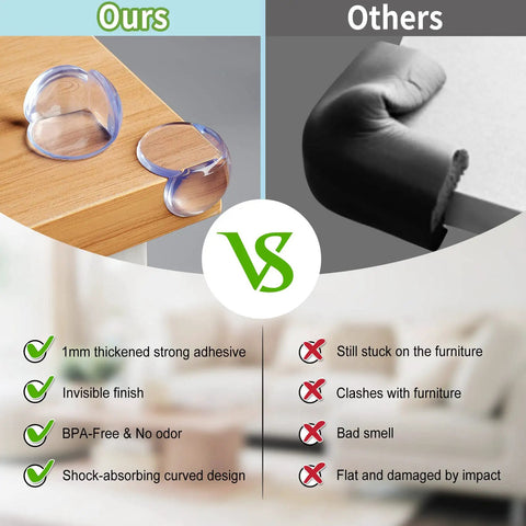 Comparison of thickened corner guards for baby proofing tables, 12 pack soft PVC edge protectors versus a different product on wood surface.