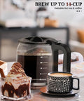 14 Cup Programmable Drip Coffee Maker With Timer Keep Warm Plate, large glass carafe filled with coffee on kitchen counter.