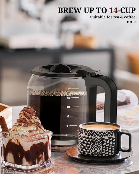 14 Cup Programmable Drip Coffee Maker With Timer Keep Warm Plate, large glass carafe filled with coffee on kitchen counter.