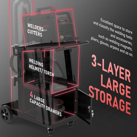 Heavy Duty Welding Cart With Large Lockable Cabinet For MIG TIG Stick Welders And Plasma Cutters, 3-layer storage