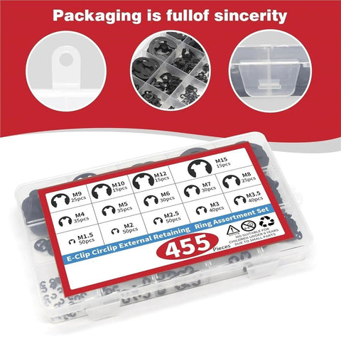 455-Piece E-Clip External Retaining Ring Assortment Kit With 14 Sizes In Black Steel for machinery and auto repair in packaging