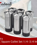 Display of 6-piece 5C Square Collet Set 1/4 to 3/4 Inch for lathe machining and turning, shown on a workshop table.
