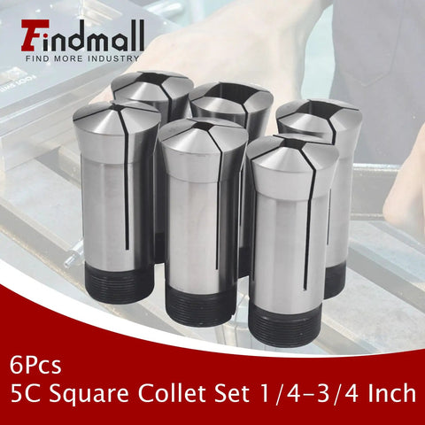 Display of 6-piece 5C Square Collet Set 1/4 to 3/4 Inch for lathe machining and turning, shown on a workshop table.