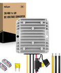 Heavy Duty DC To DC Step Down Converter Turns 48V Or 36V To 12V At 240W 20A Output with waterproof aluminum housing and connectors.