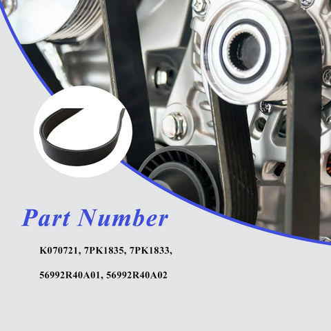 Super Smooth Serpentine Drive Belt For Honda Accord Fits 2008 To 2012 Models Replaces K070721 And 56992R40A01 close-up of part numbers.
