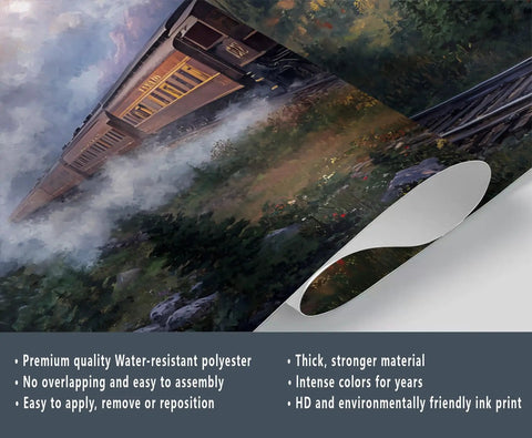 Epic Steam Train Wall Mural With 3D Mountain Landscape, Retro Locomotive Adventure Theme, Silk Cloth, 169.3x118.2 Inches