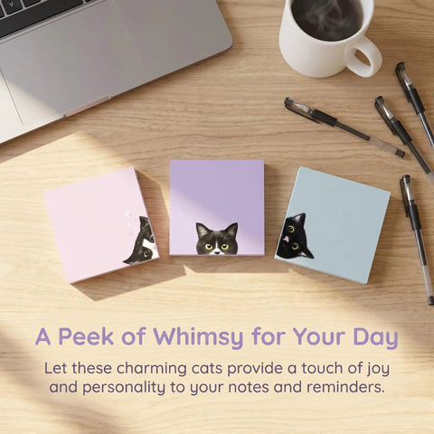 Black Cat 3x3 Sticky Notes Set Self Stick Memo Pads on desk with pens and coffee
