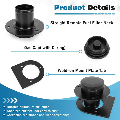 Remote Fuel Tank Filler Neck Straight With Billet Aluminum Gas Cap And Weld On Steel Bracket For 2 Inch Filler Hose Connection Black components
