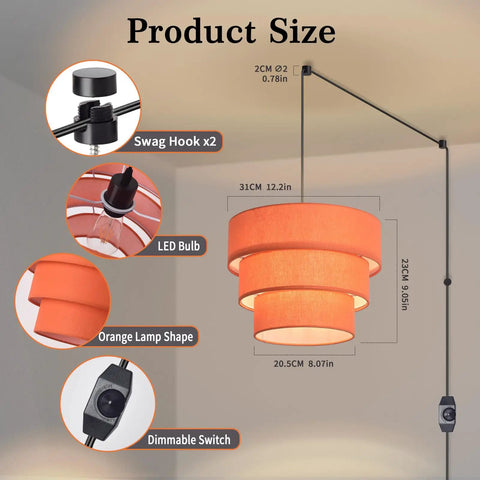 Image showing dimensions and details of Orange Plug In Pendant Light With Three Tier Mid Century Modern Linen Shades.