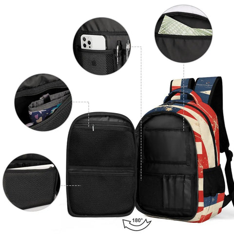 Antique Distressed Star Stripe Flag Printed Unisex Backpack with compartments open showing large capacity design and polyester build