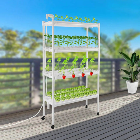 4 Layer Hydroponics Growing System With Water Pump And Timer, 108 Plant Sites Indoor Garden Kit For Fruits Veggies And Herbs, Space Saving Food Grade PVC U Pipes Easy Setup on outdoor deck