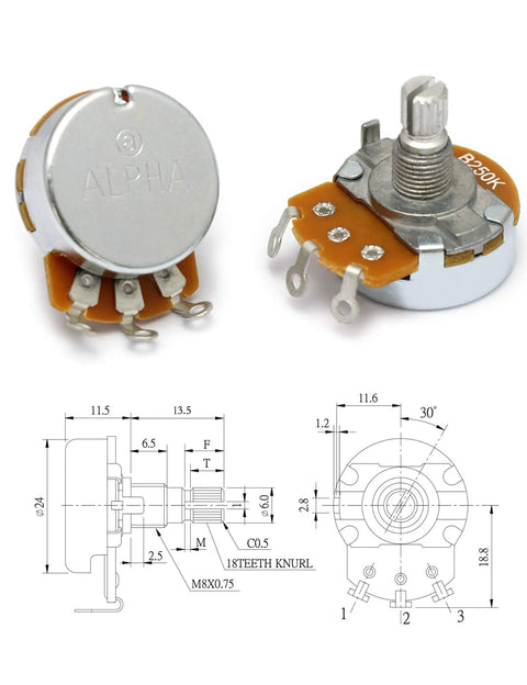 Alpha Pots Linear B250k Tone Potentiometer for Electric Guitars and Basses with 6mm Split Shaft, fixing nut and washer