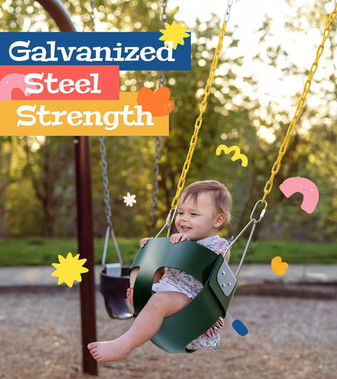 Child in green high back toddler bucket swing with coated chains and locking buckles, safe outdoor baby swing for backyard or playground.
