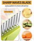 Crinkle cutter with stainless steel wavy blades and green handle; kitchen tool for potatoes, carrots, and fries