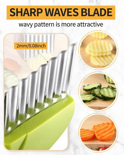 Crinkle cutter with stainless steel wavy blades and green handle; kitchen tool for potatoes, carrots, and fries