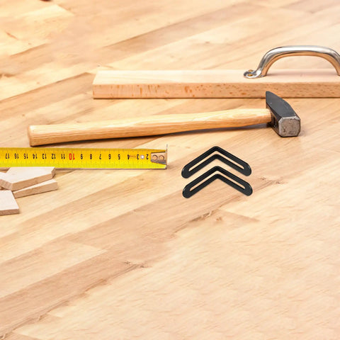Beefy Heavy Duty L Shaped Corner Brackets 10 Pcs Set For Shelves And Cabinets, black finish, with wood, tape measure, and hammer displayed