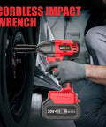 Heavy Duty Cordless Impact Wrench One Half Inch Brushless Motor Handles Rusted Bolts No Sweat Generates 320 Ft Lbs Torque With Dual 4 Ah Batteries And Quick Charger For Auto And Diy Upgrades in action on a car tire.